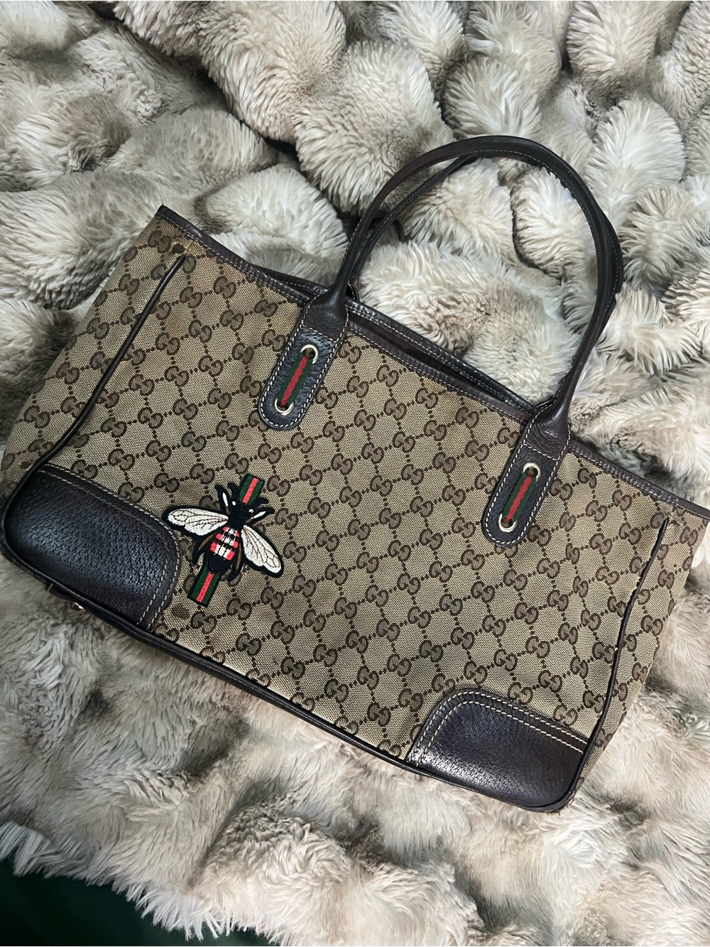 Gucci Princy Line GG Canvas Tote w brown leather trim & bee appliqué (MSRP $850)